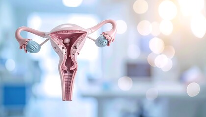 Cross-section of a human uterus model. Pink ovaries flank the uterus, revealing a detailed interior on a blurry background with white, light blue, and yellow hues
