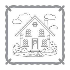 Charming House Coloring Page Delightful Outlines for Creative Fun Awaiting Artistic Expression with Clouds, Bushes and a Cute Path