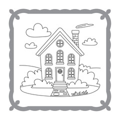Charming House Coloring Page Delightful Outlines for Creative Fun Awaiting Artistic Expression with Clouds, Bushes and a Cute Path