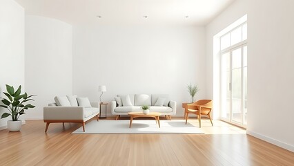Fototapeta premium Minimalist living room with mid-century modern furniture, white walls, and wood flooring in natural light.