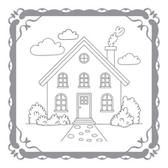 Fototapeta premium Charming House Coloring Page with Lush Garden and Whimsical Clouds Awaiting Creative Color Application for Relaxation