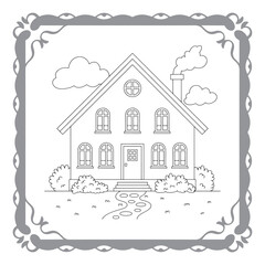 Charming House Coloring Page with Lush Garden and Whimsical Clouds Awaiting Creative Color Application for Relaxation