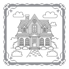 Naklejka premium Charming House Coloring Page Framed with Playful Clouds and Decorative Border for Creative Fun and Relaxation Activities
