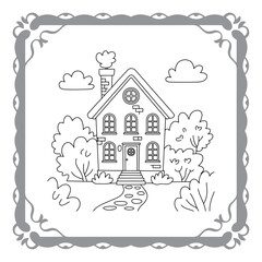Charming House Coloring Page with Lush Garden and Whimsical Clouds Awaiting Creative Color Application for Relaxation