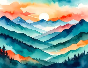 Watercolor mountain range sunset view