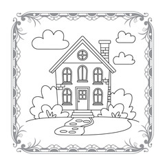 Fototapeta premium Charming House Coloring Page Framed with Playful Clouds and Decorative Border for Creative Fun and Relaxation Activities