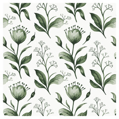Green Essence is a seamless pattern showcasing delicate, hand-painted floral designs in soft green tones. The intricate leaves and blossoms bring a natural, tranquil feel to the design, making.