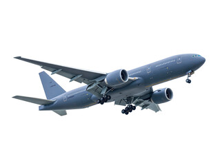 Obraz premium Large passenger airplane commercial jet modern aircraft flying blue sky travel transportation aviation landing gear isolated