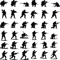 Armed Soldiers Shooting Poses Silhouette Icon Set Military Soldiers with Guns Vector Silhouette Collection