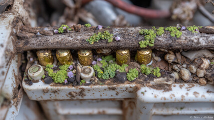 Close-up of automotive battery in poor condition, corroded connectors covered in greenish residue, grime layered across surface