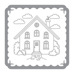 Charming House Coloring Page with Lush Garden and Whimsical Clouds Awaiting Creative Color Application for Relaxation