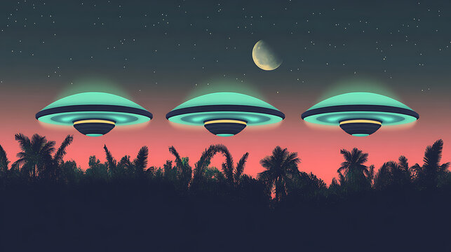 Three UFOs Hovering Over a Tropical Landscape at Night - Powered by Adobe