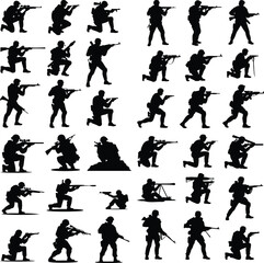 Armed Soldiers Shooting Poses Silhouette Icon Set Military Soldiers with Guns Vector Silhouette Collection
