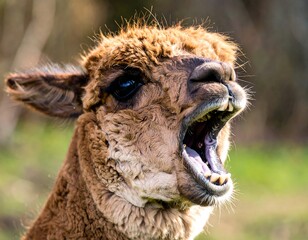 Close-up of a llama's expressive face in nature