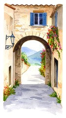 Fototapeta premium Watercolor painting of a quaint archway