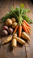 A rustic arrangement of fresh root vegetables including potatoes, carrots, and beets with green tops on a weathered wooden table