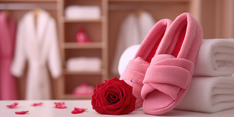 Pink slippers, rose, and towels resting on table in organized bathroom
