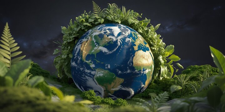 Earth encircled by lush greenery depicting environmental protection and sustainable living concepts in a vibrant artistic rendition