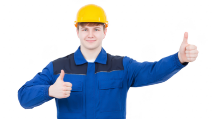 Young male construction worker in blue uniform and yellow safety helmet giving thumbs up, smiling confidently, isolated on transparency background, positive and professional attitude