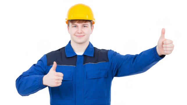 Young male construction worker in blue uniform and yellow safety helmet giving thumbs up, smiling confidently, isolated on transparency background, positive and professional attitude