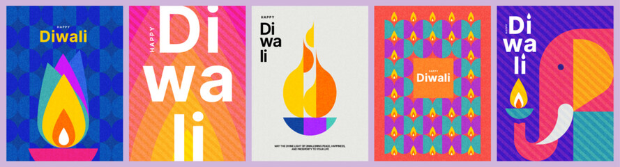 Happy Diwali. Indian festival of lights modern design set in trendy geometric style with oil lamps, elephant, Indian ornaments and pattern. Holiday background for branding, card, banner, cover, poster