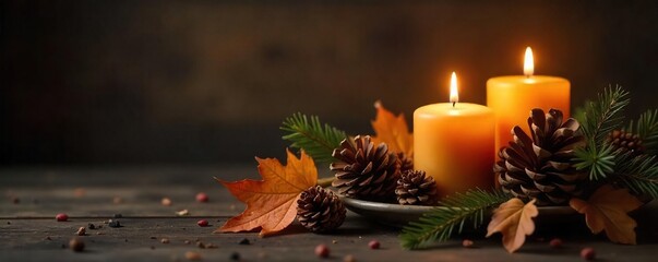 Cozy autumn ambiance with a rustic pine cone arrangement casting a warm, inviting glow from candlelight Perfect for holiday, nature, and home decor themes , shadows, branch, pine cone