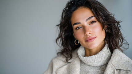 Elegant confident woman posing in studio, natural glow enhancing her complexion, subtle neutral background giving a sophisticated modern feel