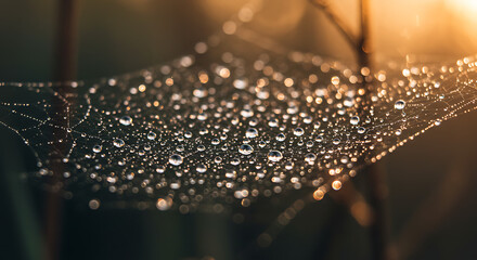 Close-up of rain droplets on a spider web, sparkling with morning light