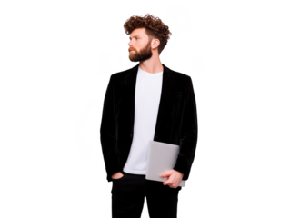 Young man with curly hair and beard wearing black blazer and white t shirt holding closed laptop, standing confidently and looking to side, isolated on transparency background