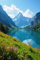 Serene mountain vista, sun-drenched meadows, clear blue sky, majestic peaks reflecting in a tranquil lake Perfect for travel, nature, and serenity themes , vast, ecosystem, breathtaking