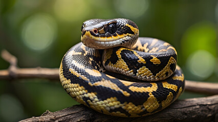 A portrait-style view of a coiled diamond python resting on a tree branch in a wild forest setting