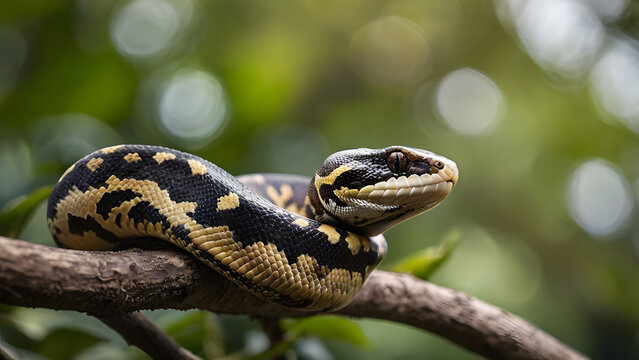 A closeup of a beautiful diamond python coiled on a tree branch in a rainforest setting