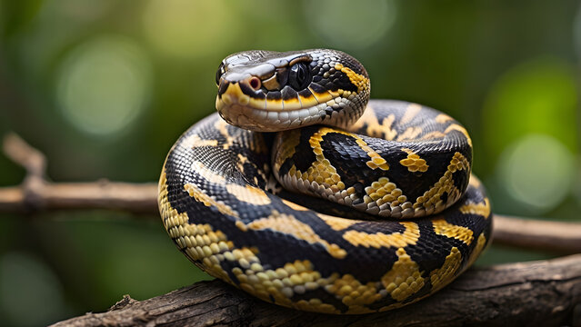 A portrait-style view of a coiled diamond python resting on a tree branch in a wild forest setting