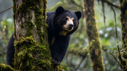 Obraz premium An endangered spectacled bear clings to a mossy tree trunk in a dense, humid rainforest