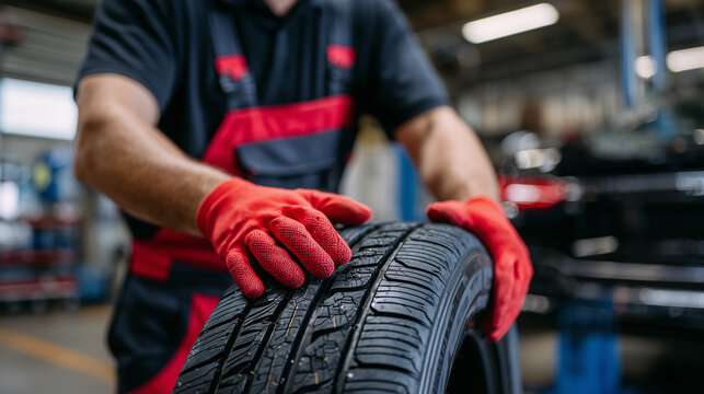 Mechanic hands in bright red gloves firmly holding a brand-new car tire, close-up on intricate rubber tread pattern, background blurred repair shop tools - Powered by Adobe