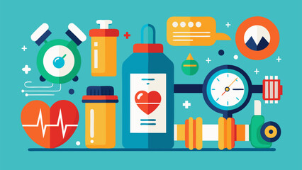 Flat style illustration of fitness and health elements including dumbbell, stopwatch, water bottle, heart rate, supplements and clock on blue background