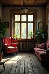 Cozy vintage living room with worn wooden floors, antique furniture, and sunlit windows, creating a nostalgic atmosphere , sunlight, floorboards