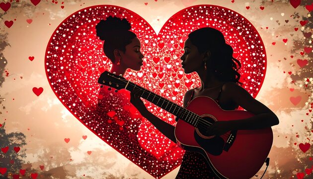 Silhouettes of women playing guitar in a heart-shaped backdrop