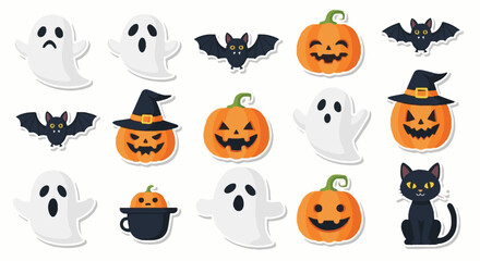 Halloween Spooky Assets Vector Collection: Cute Ghosts, Jack-o'-Lantern Pumpkins, Flying Bats, and Black Cat Illustrations