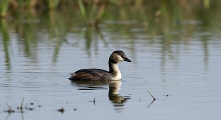 Great Crested Grebe Swimming in a Lake.
