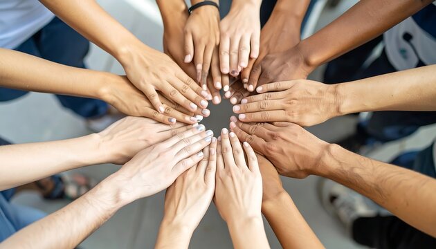 Diverse hands clasped in a circle