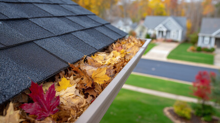 Clogged residential gutter with brown and yellow leaves, close-up perspective showing accumulated debris along shingle roof edge, seasonal cleaning theme
