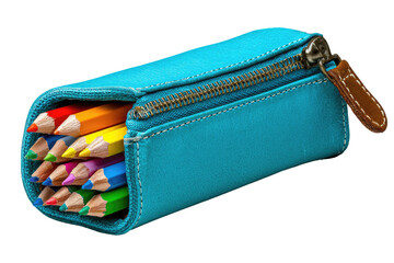 Teal pencil case filled with colorful pencils (1)