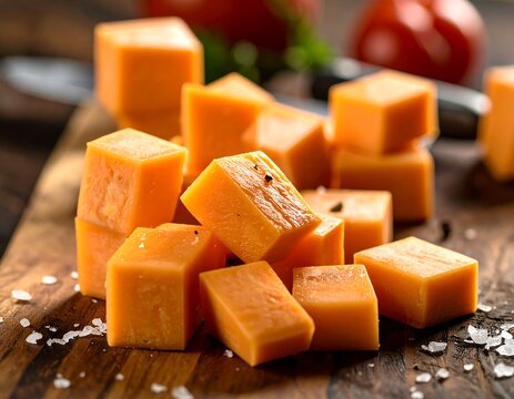 Cheddar cheese cubes on a wooden board with tomatoes - Powered by Adobe
