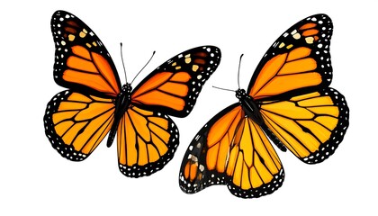 Fototapeta premium Two monarch butterflies in flight, vibrant orange and black wings against a white background