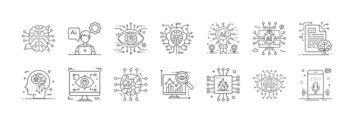 Artificial intelligence and machine learning line icons - Collection of outline icons related to artificial intelligence, neural networks, data processing, automation, innovation, algorithms, and smar