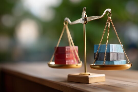 Balance scale with stacked books representing knowledge and justice in outdoor setting