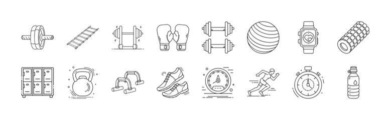 Fitness and gym equipment line icon set - Set of thin line icons representing gym, workout, and fitness items such as dumbbells, boxing gloves, jump rope, treadmill, exercise ball, stopwatch, and wate