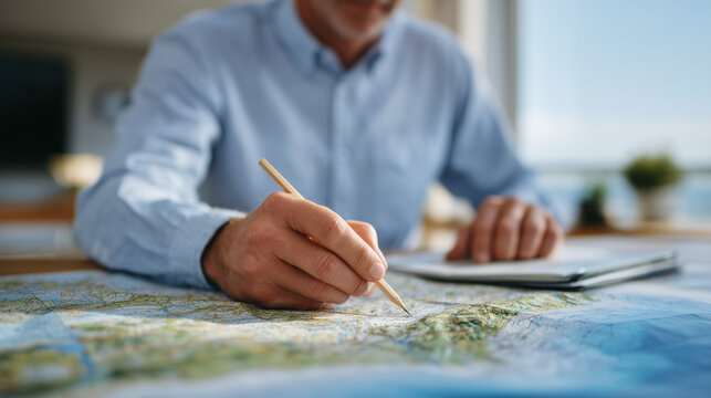Real estate investor studies detailed cadastral map with pencil, planning construction on selected vacant land, soft natural light illuminating map lines