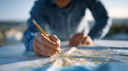 Overhead perspective of individual with pencil reviewing land parcels on cadastral map, vacant plots highlighted, sunlight adding realistic shadows for focused planning